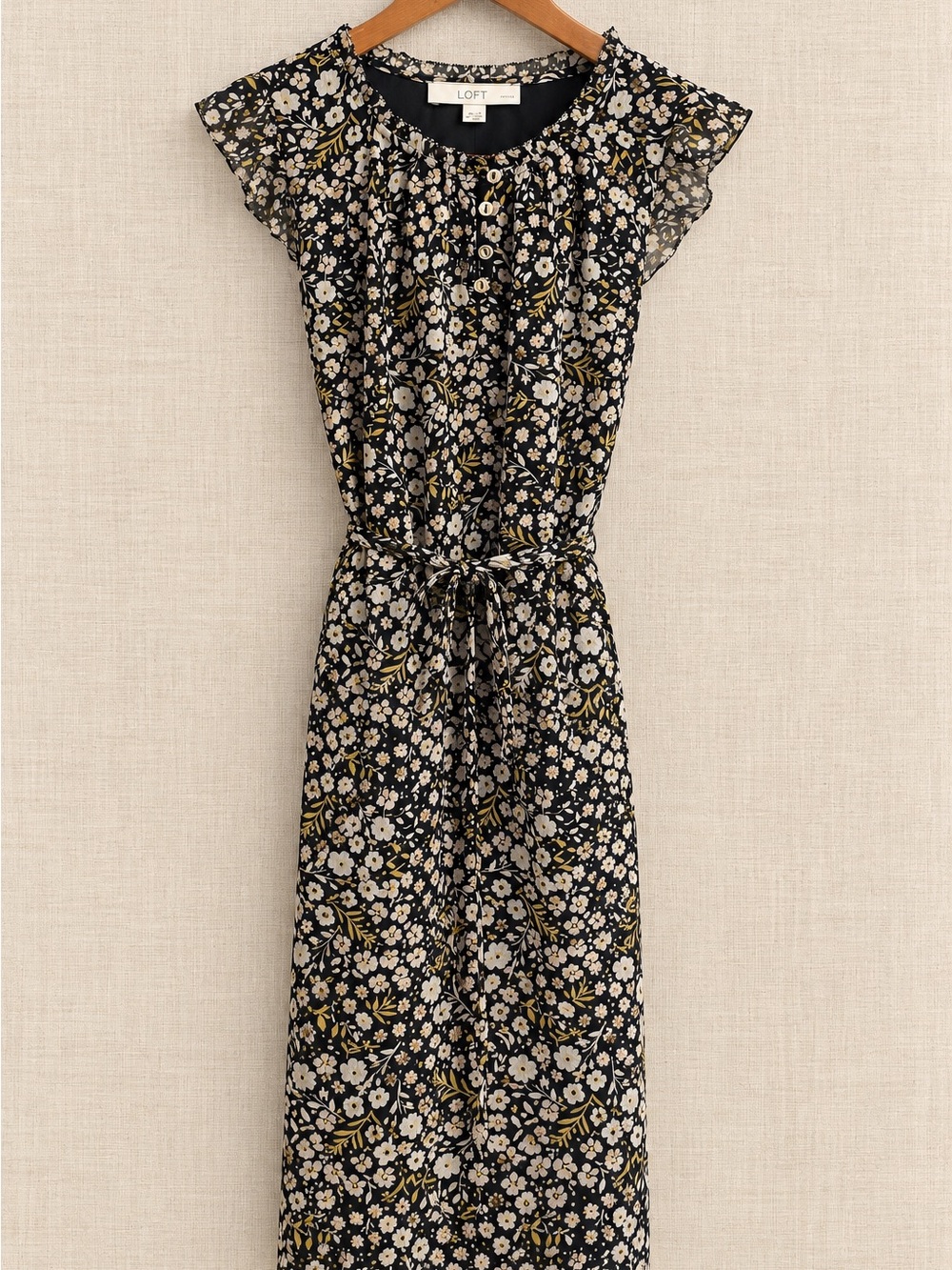 LOFT Black Floral Tie-Waist Midi Dress with Ruffle Sleeves